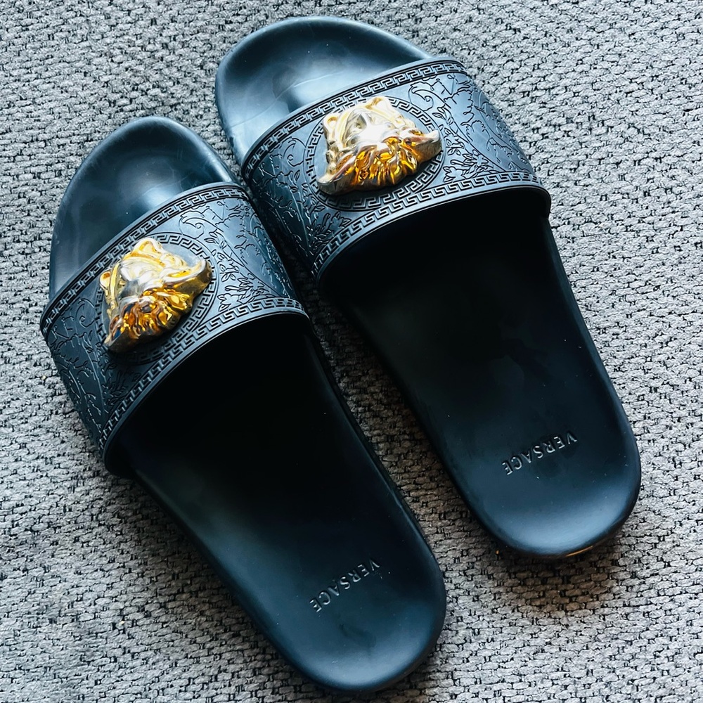 Versace Black Slides with Gold Medusa Accent